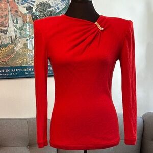 Valentino Red Long Sleeve Cashmere Top with Embellishment